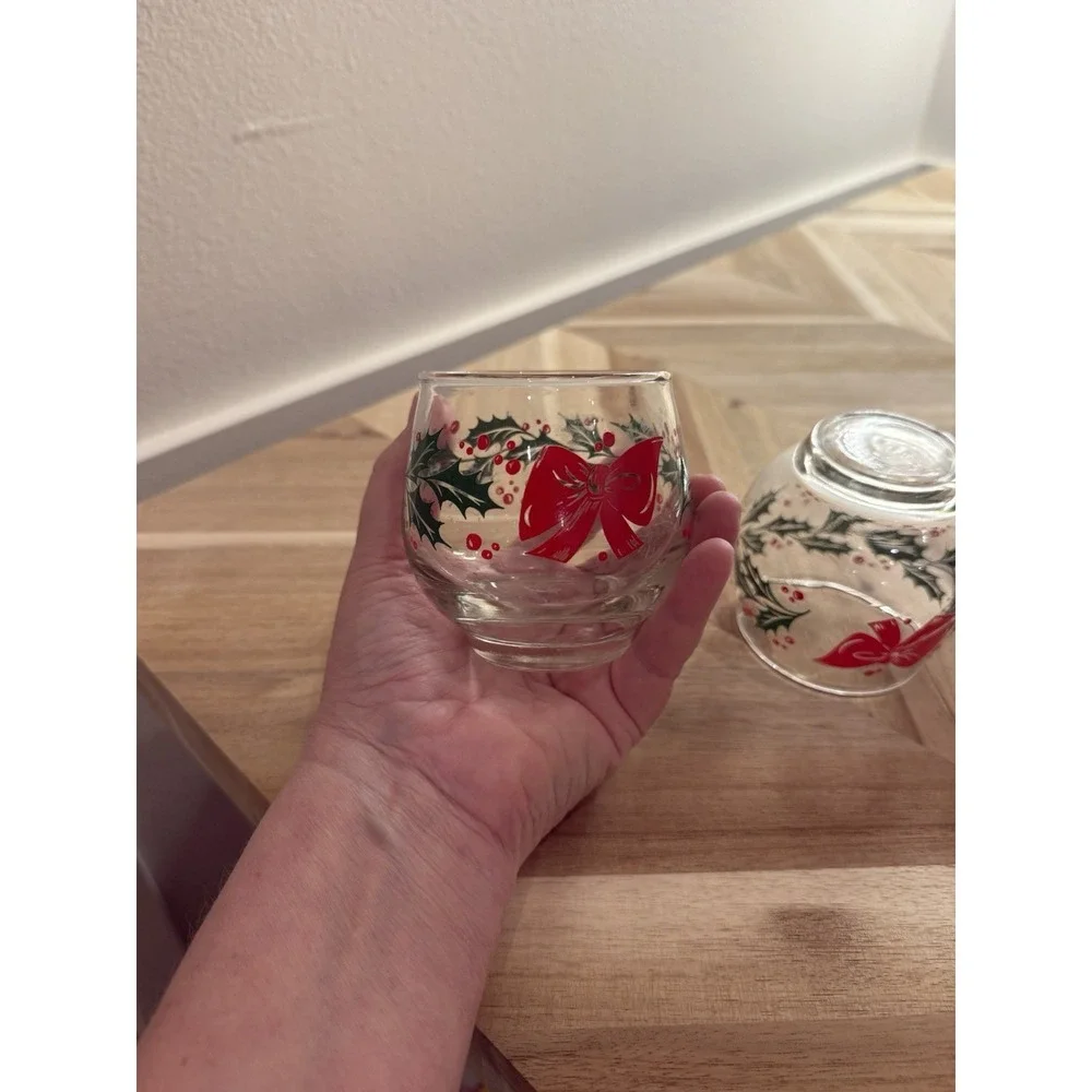 3 VTG MCM  Libby Rolly Polly‎ Low Ball Cocktail Glass Bow Holly Berry XMAS Party